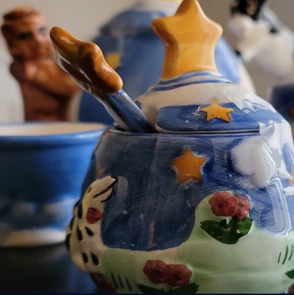 Vintage Cow Jump Over The Moon Blue Nursery Rhyme 5pcs Teapot Set - Picture 4 of 5